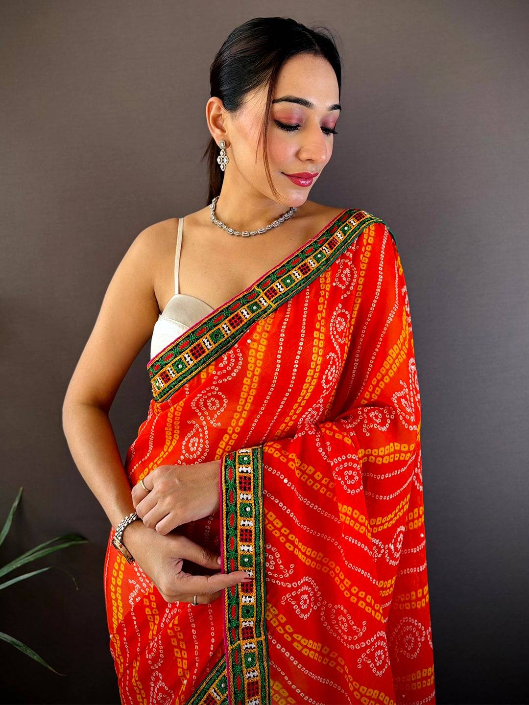 Orange Soft Georgette Katchi Embroidery Saree by My Store