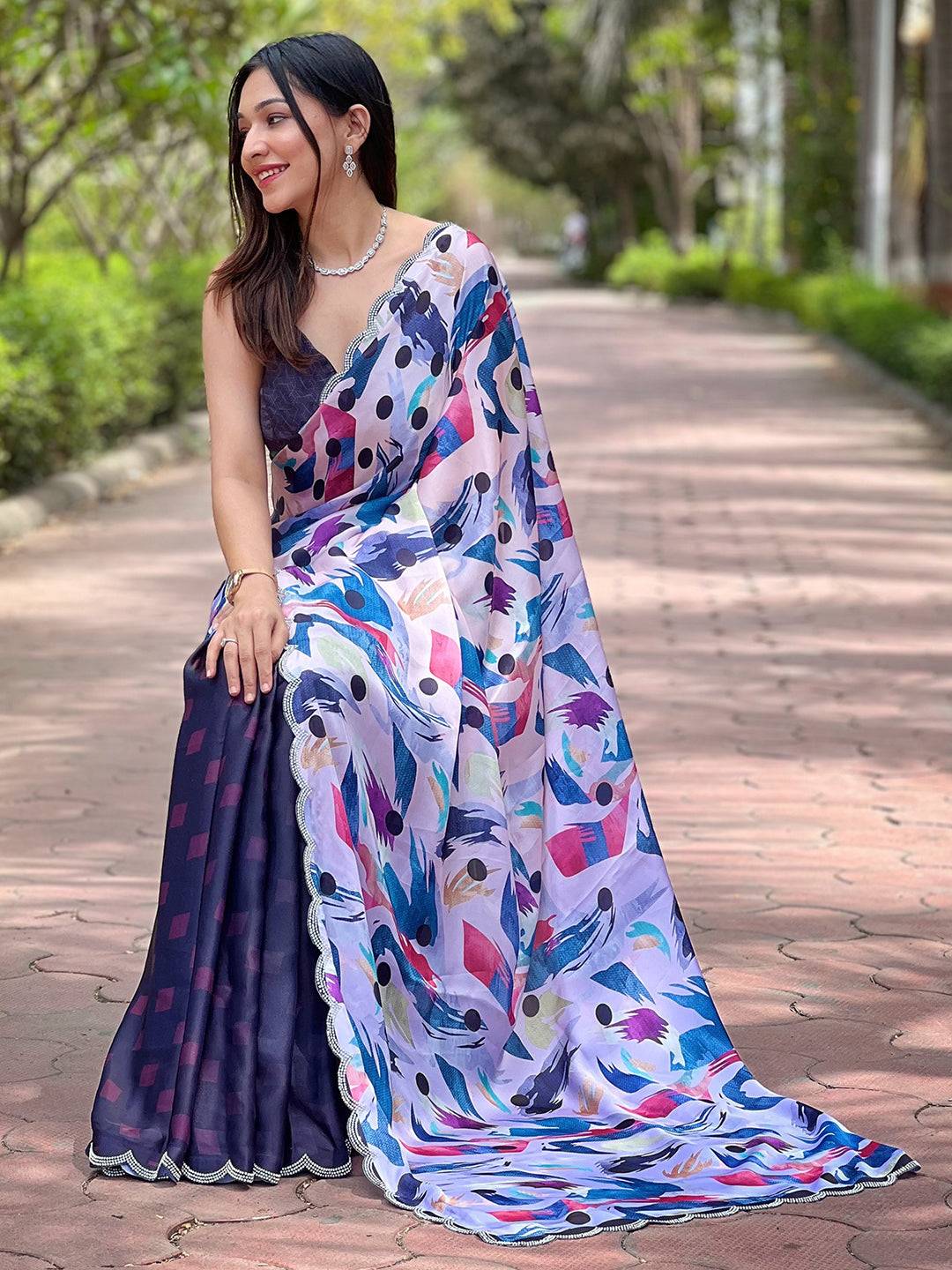 Navy Batik And Polka Dots Print Saree by My Store