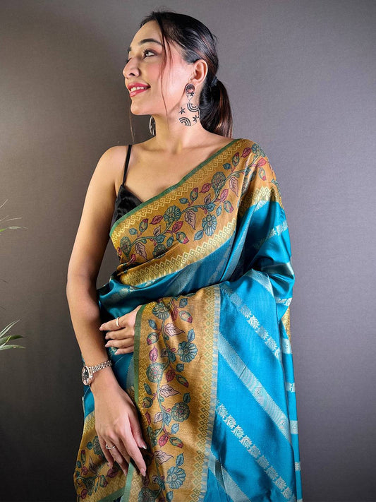 Rama Gold Zari And Kalamkari Print Saree by My Store