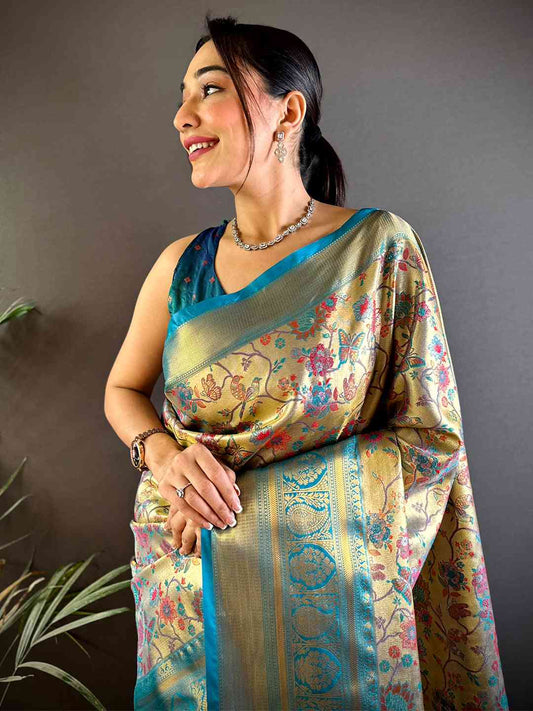 Radiant Rama Butterfly Floral Dharmavaram Saree by My Store