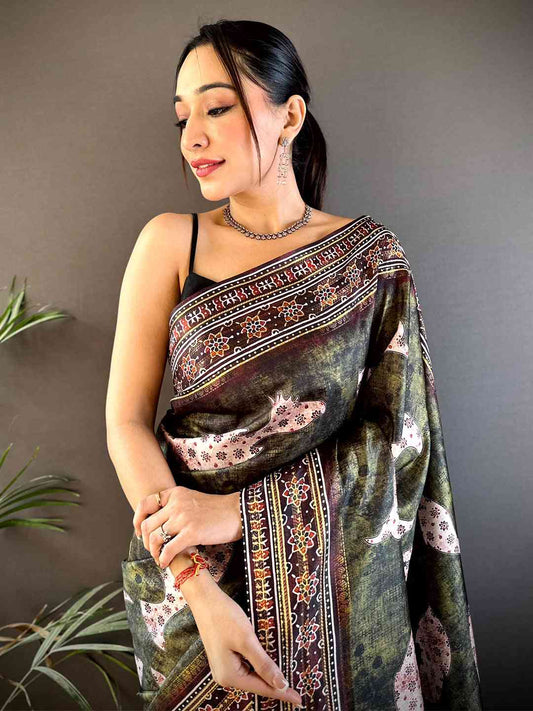 Dark Brown Soft Silk Fish Kalamkari Saree by My Store