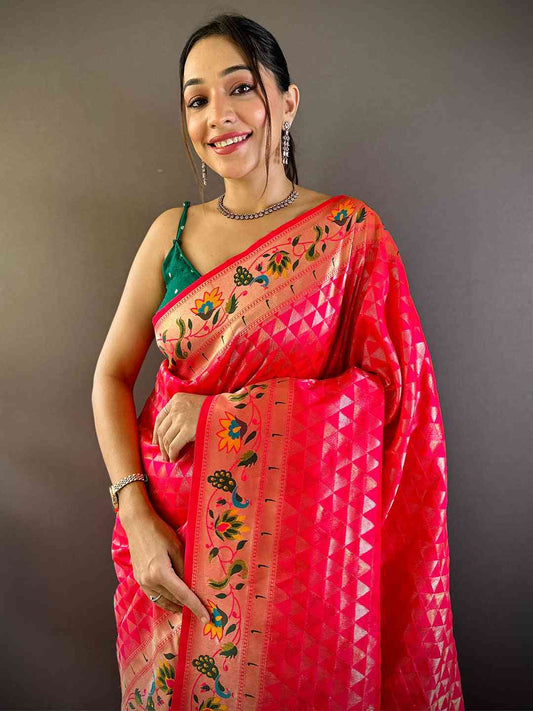 Pink Silk Blend Woven Zari Work Paithani Saree by My Store