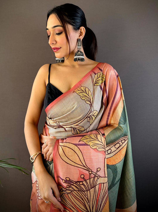 Rose Pink Zari Tussar Printed Saree by My Store
