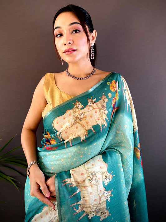 Sky Blue Chanderi Pichwai Print Saree by My Store