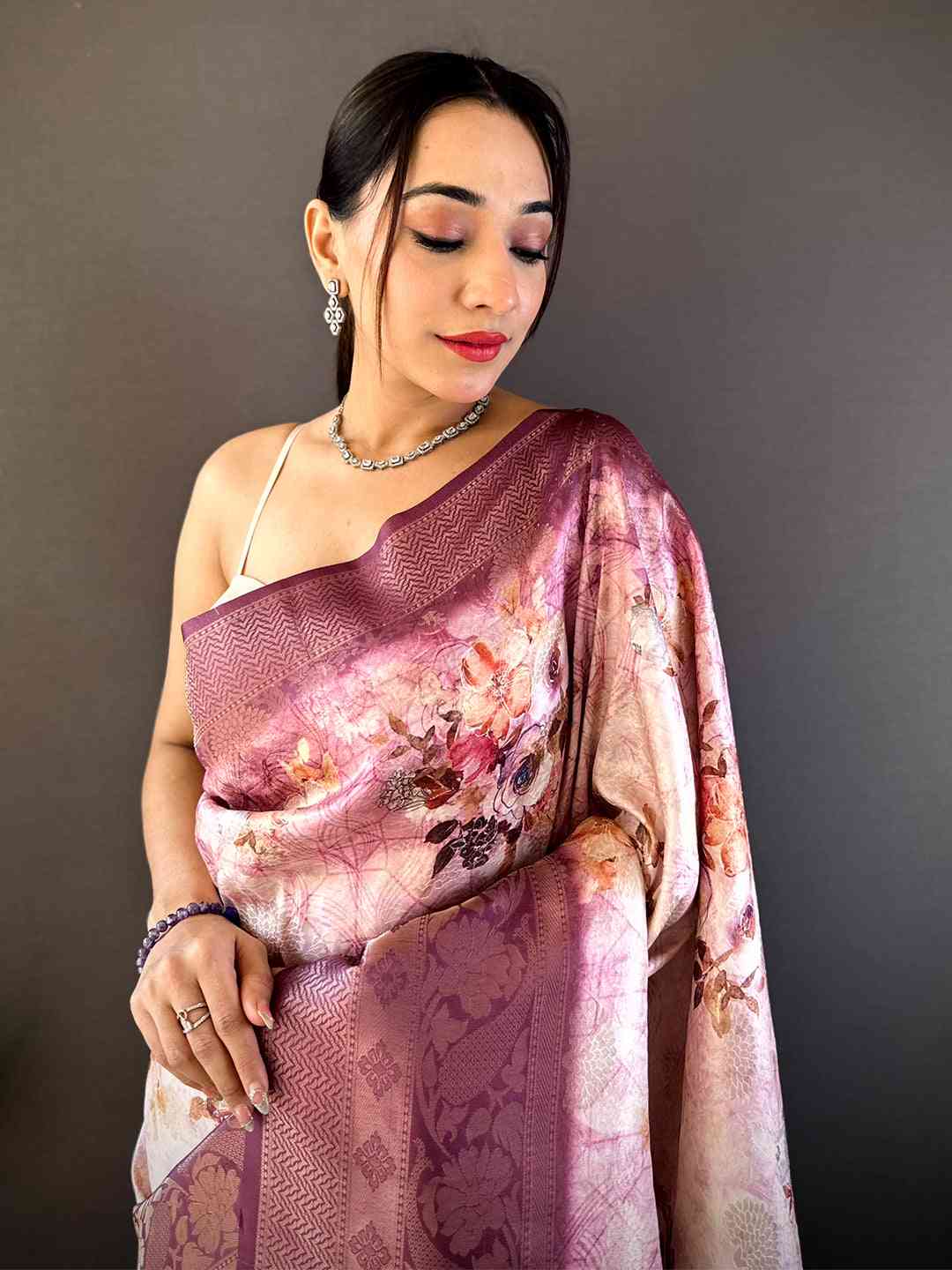 Mauve Kanjivaram Digital Silk Saree by My Store