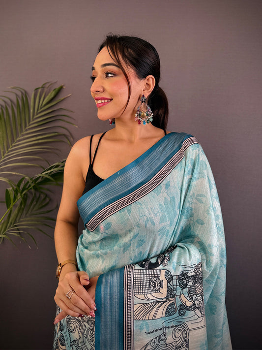 Sky Blue Linen Kalamkari Printed Saree by My Store