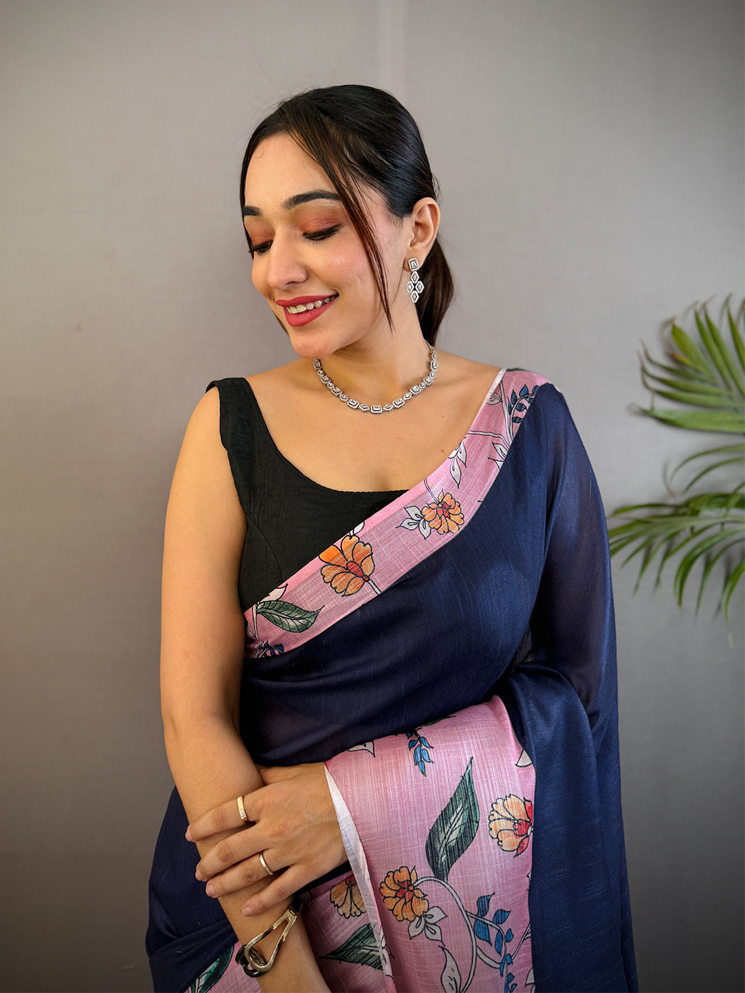 Navy Linen Kalamkari Print Saree by My Store