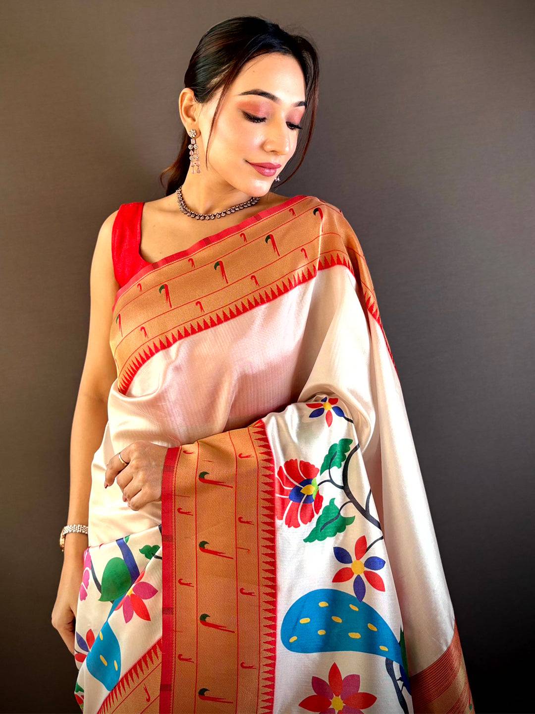 Off White Minakari Soft Silk Saree by My Store