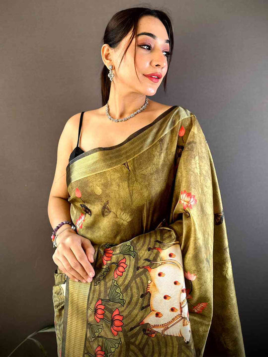Olive Soft Silk Tissue Pichwai Print Saree by My Store