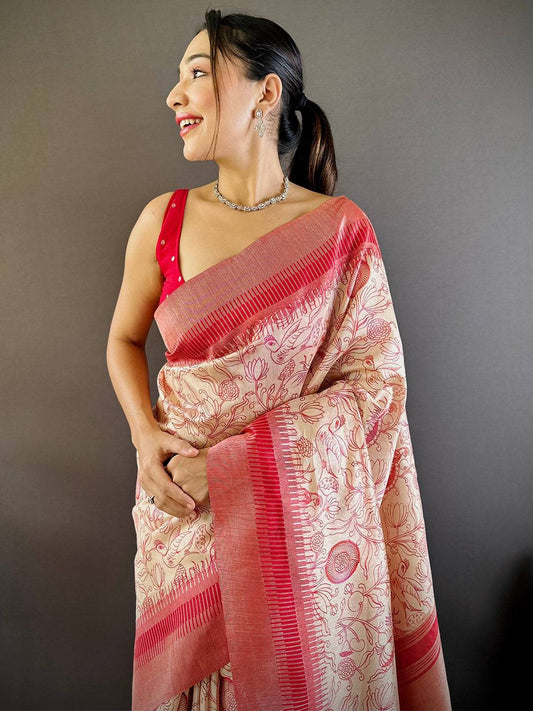 Red Floral Tussar Silk Saree by My Store