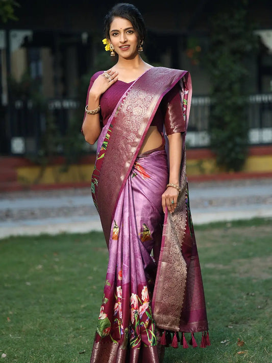 Purple Colour Pure Viscose Dola Silk Floral & Kalamkari Print Saree - Luxe by My Store