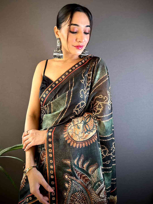 Green Bandhej Digital Print Saree by My Store