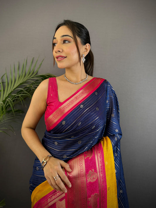 Royal Blue Soft Dola Silk Striped Print Saree by My Store