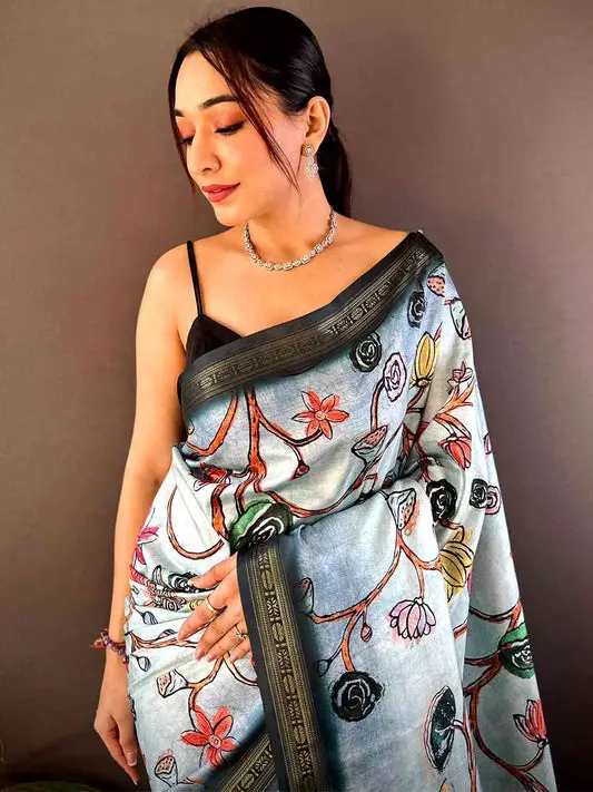 Blue Soft Silk Freehand Kalamkari Print Saree