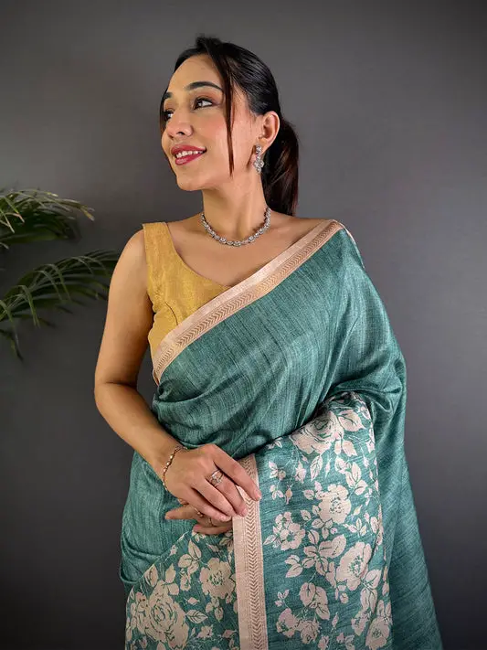 Teal Tussar Ghicha Silk Saree
