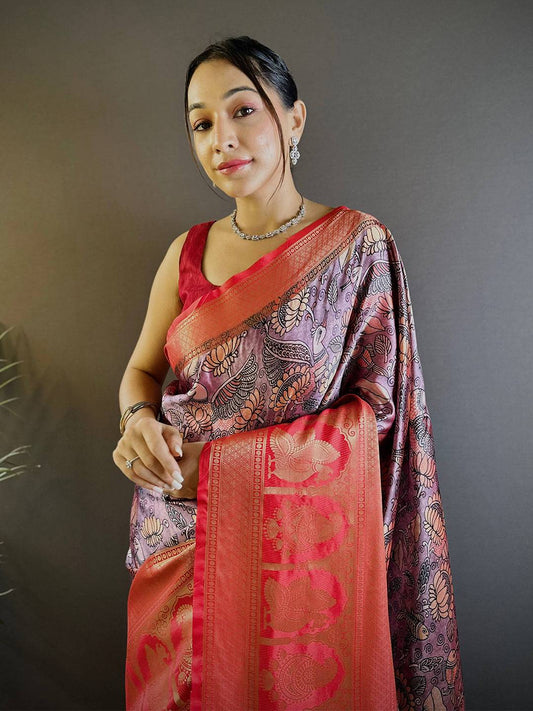 Charry Satin Silk Kalamkari Saree by My Store