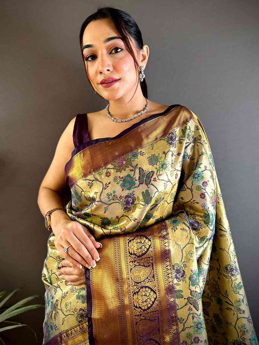 Graceful Brown Butterfly Floral Dharmavaram Saree by My Store