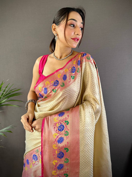 Radiant Floral Banarasi Kora Silk Saree by My Store