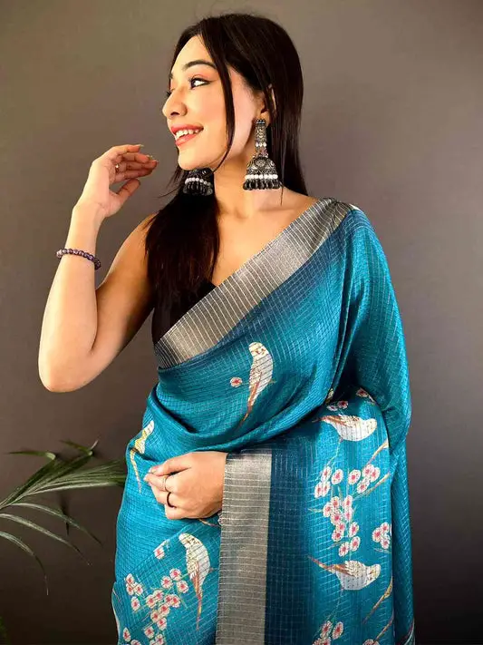 Blue Chanderi Check Sparrow Print Saree