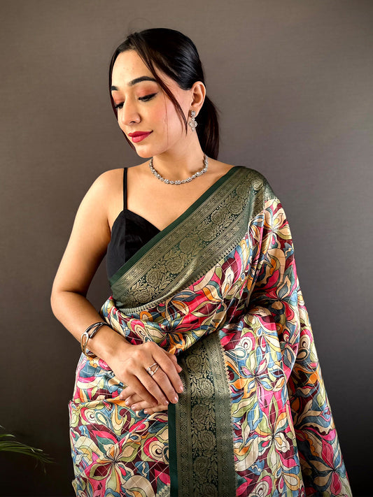 Green Soft Gadwal Pattu Geometric Saree by My Store