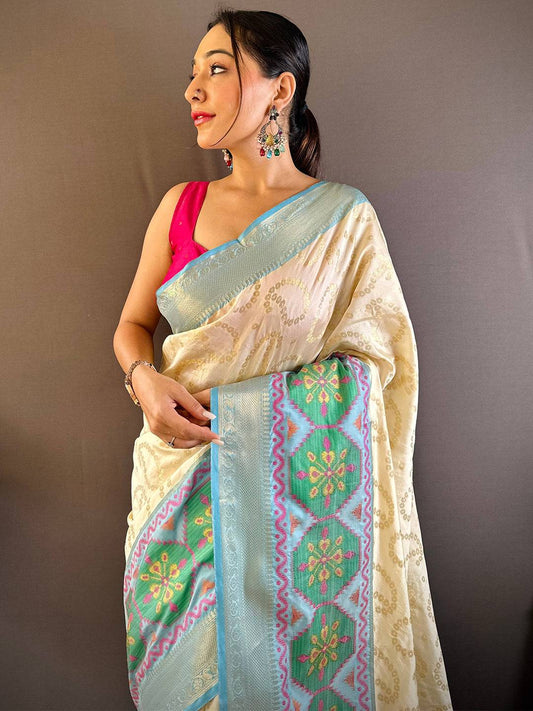 White Katan Silk Ikkat Saree
