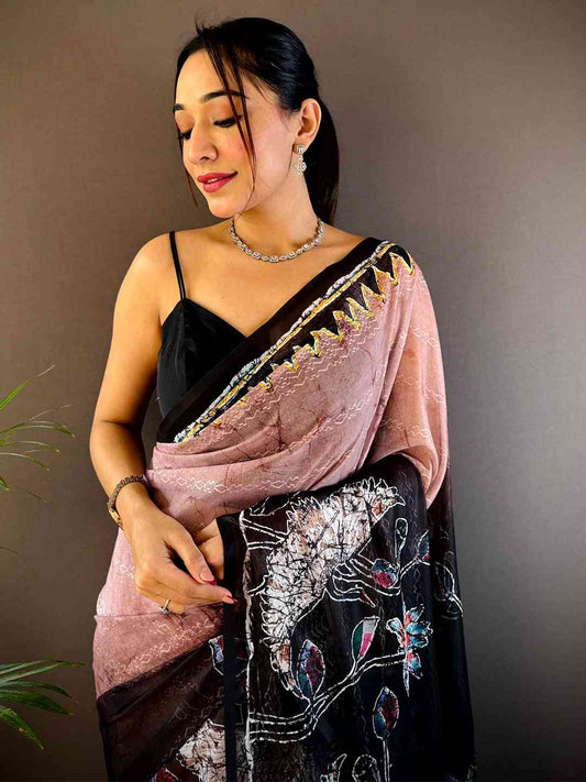 Pink Georgette Batik Printed Saree by My Store