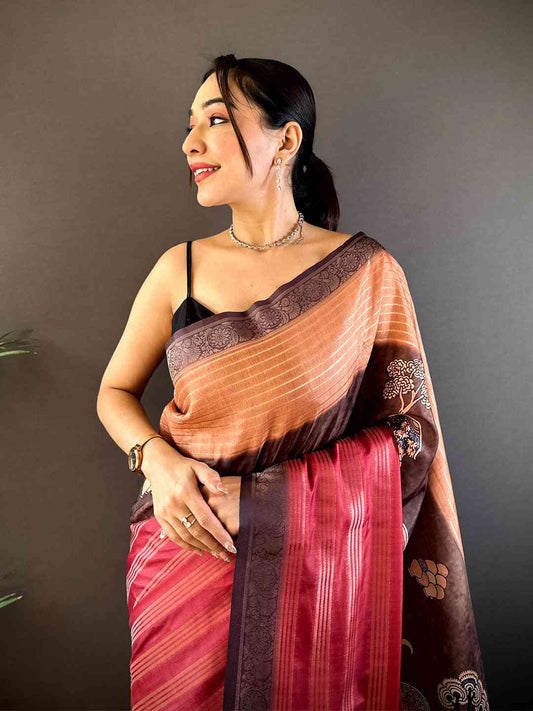 Deep Red Soft Crepe Silk Digital Ombre Saree by My Store