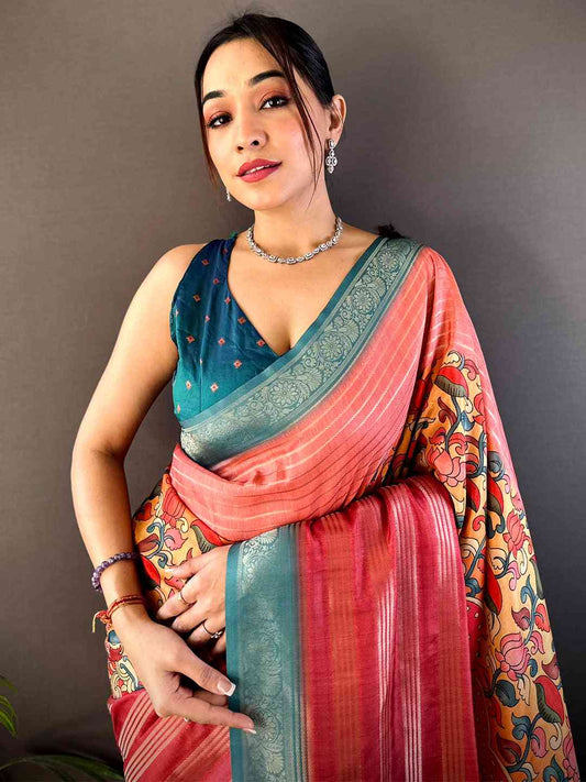 Coral Soft Crep Silk Ombre Print Saree by My Store