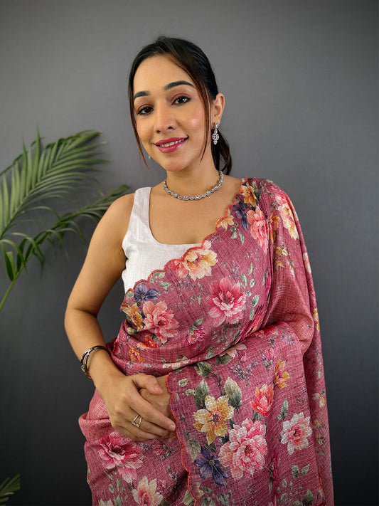Rose Pink Kota Floral Digital Cut Work Saree by My Store
