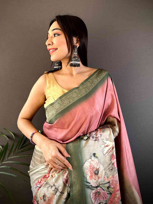 Pink Soft Silk Placement Digital Print Saree by My Store