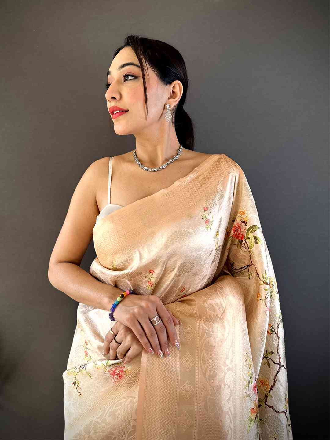 Light Peach Kanjivaram Digital Silk Saree by My Store