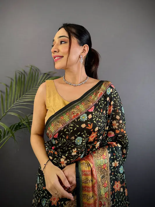 Black Aari Pashmina Print Linen Saree