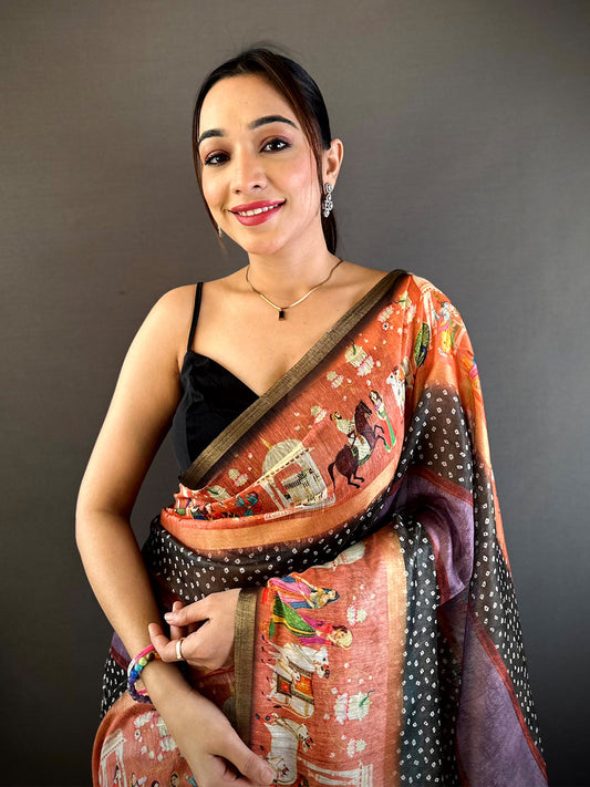 Elegant Soft Chanderi Cotton Bandhej Print Saree by My Store