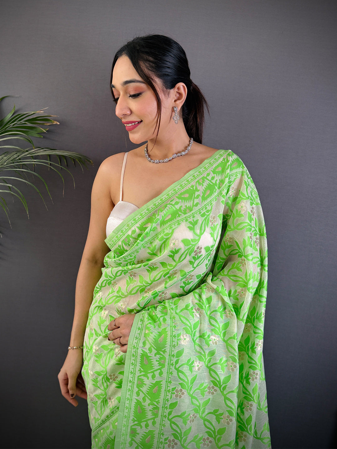 Green Soft Dhakai Jamdani Silk Saree by My Store