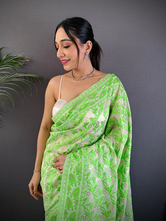 Green Soft Dhakai Jamdani Silk Saree by My Store