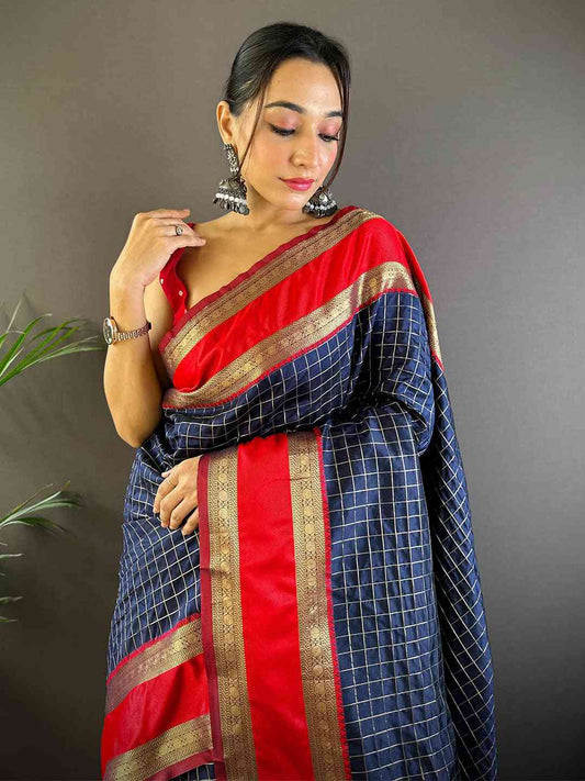 Navy Silk Woven Kanchi Banarasi Saree by My Store