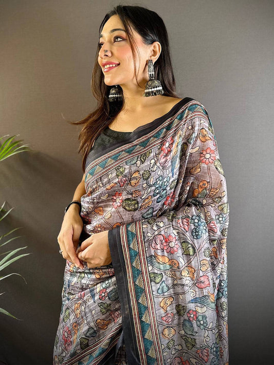 Grey Kalamkari Stripes Chanderi Saree by My Store
