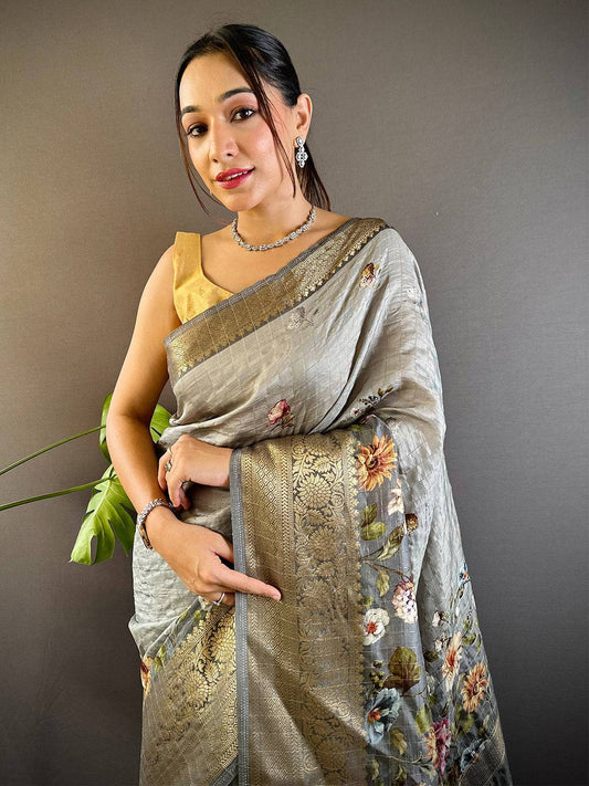Grey Floral Zari Chex Saree by My Store