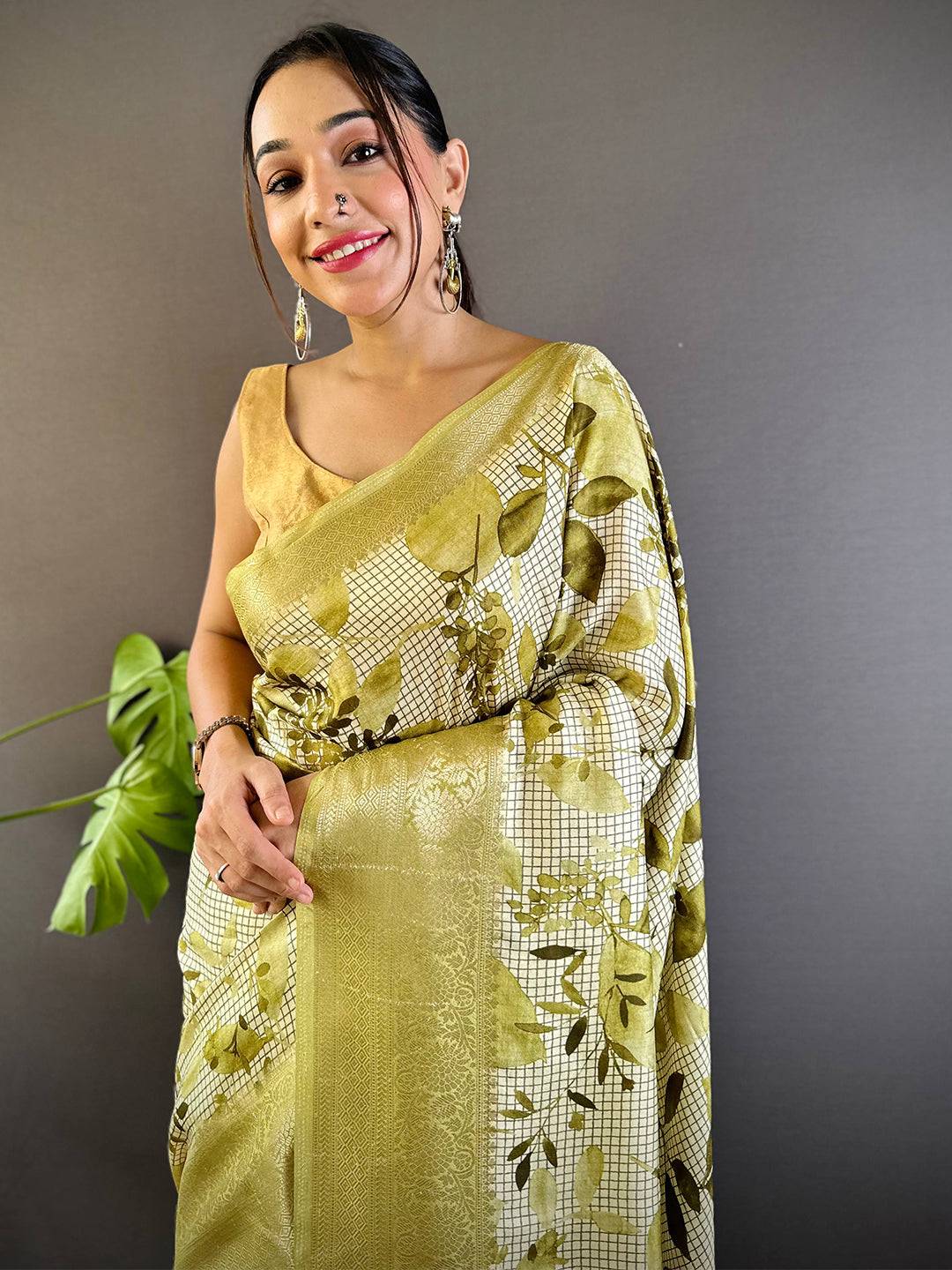 Leaf And Check Olive Viscose Saree by My Store