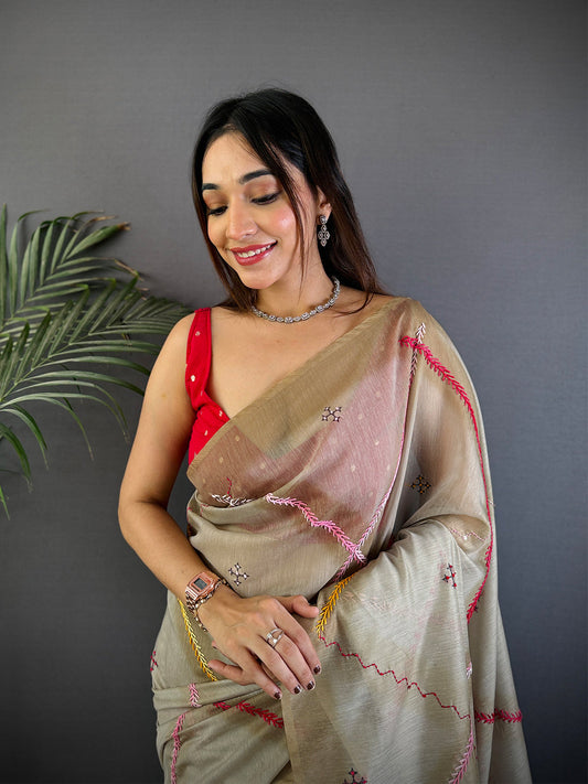 Pure Katha Stitch Tussar Silk Saree by My Store