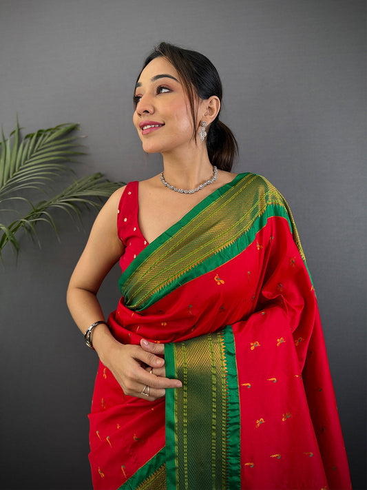 Red Soft Silk Paithani Saree by My Store