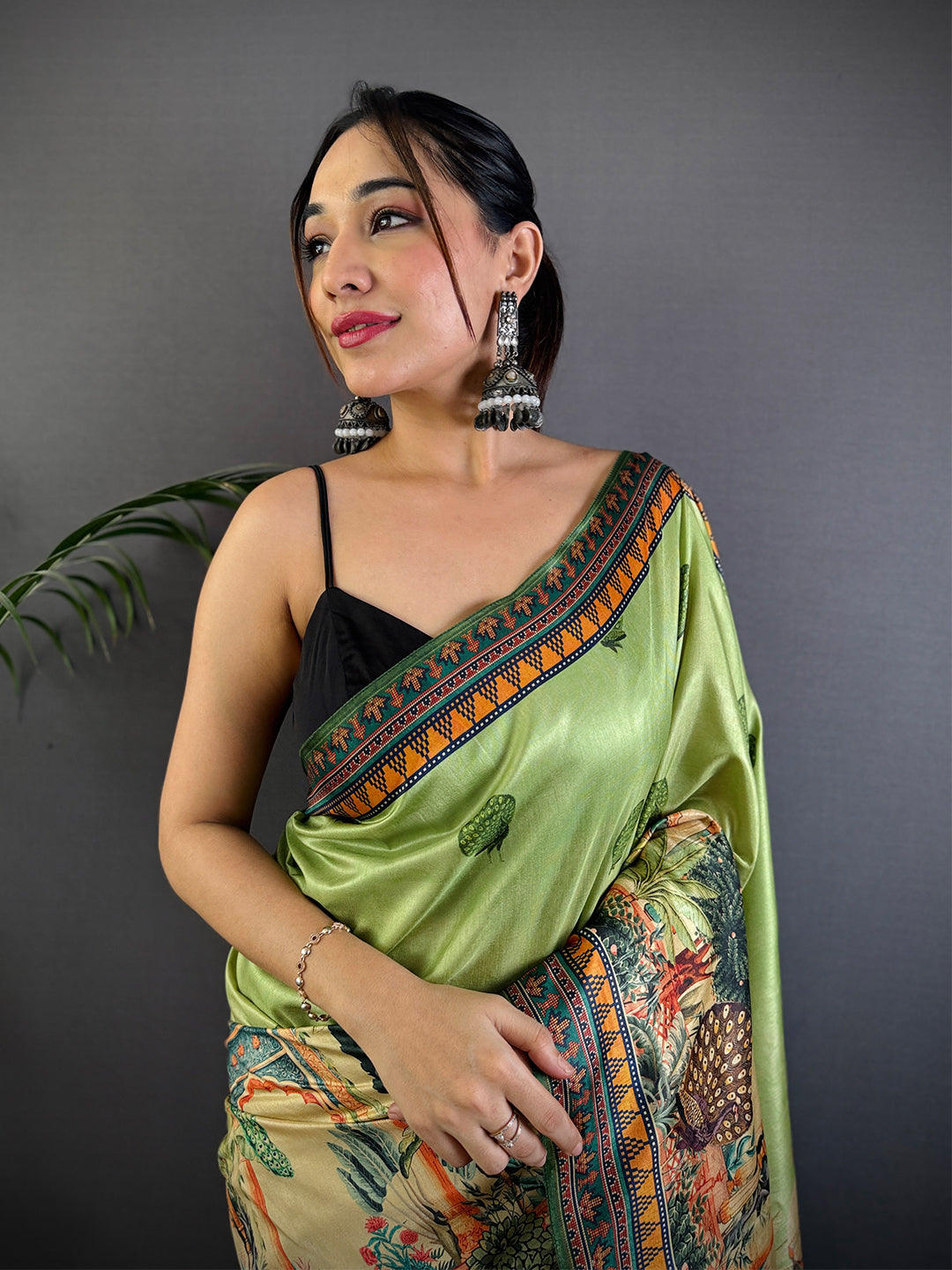 Olive Soft Dola Silk Printed Saree by My Store