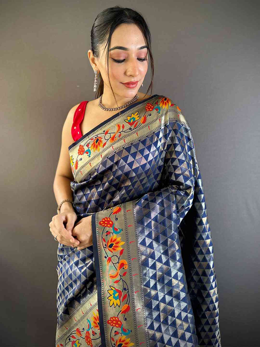 Navy Silk Blend Woven Zari Work Paithani Saree by My Store