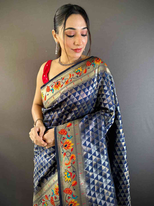 Navy Silk Blend Woven Zari Work Paithani Saree by My Store
