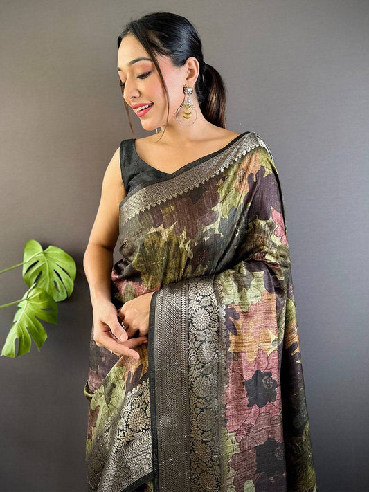 Green Zari Woven Floral Dola Silk Saree by My Store