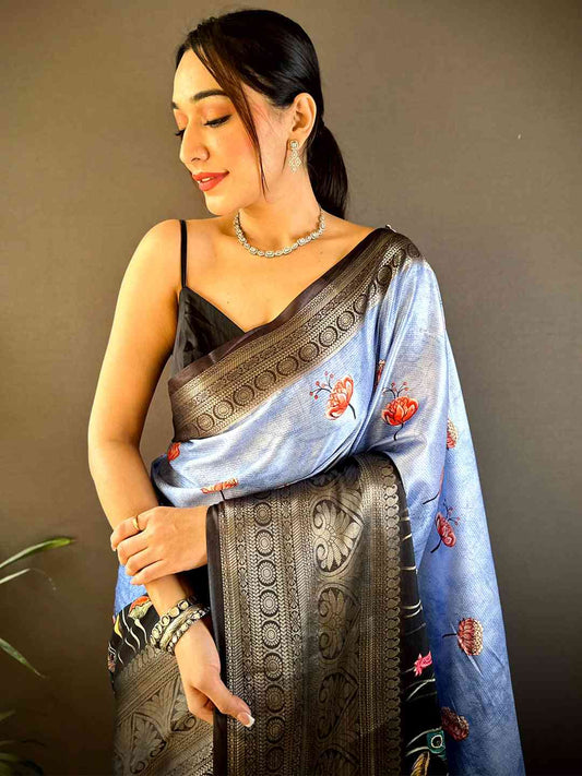 Serene Blue Soft Silk Floral Ombre Print Saree by My Store