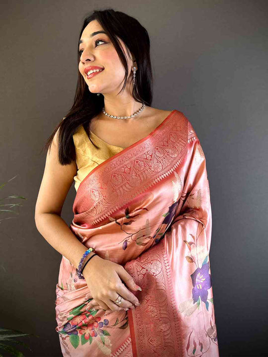Coral Bamboo Silk Floral Saree by My Store