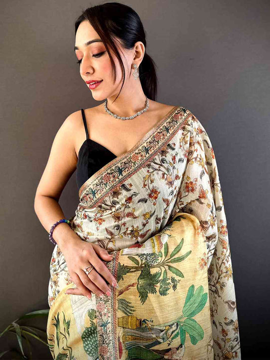 Off White Tussar Pashmina Kalamkari Saree by My Store
