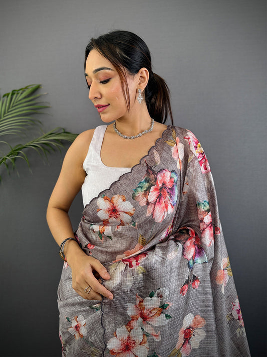 Grey Floral Cut Work Kota Saree by My Store