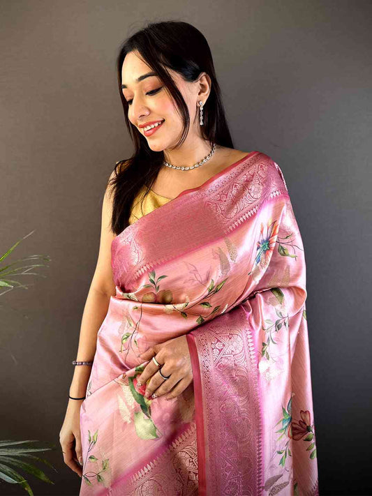 Pink Bamboo Silk Floral Saree by My Store